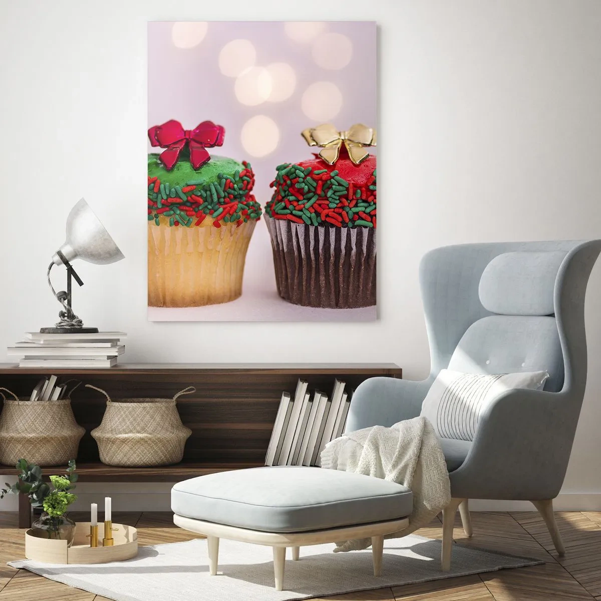 Impression sur verre - Image sur verre - Cupcakes de Noël avec décorations en forme de nœud - 50x70cm - Une sucrerie après la cocarde - Décoration murale moderne pour le salon et la chambre ARTTOR