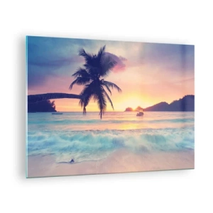 Impression sur verre - Image sur verre - Plage de palmiers au coucher du soleil avec un bateau à l'horizon - 70x50cm - Une soirée à la baie - Décoration murale moderne pour le salon et la chambre ARTTOR