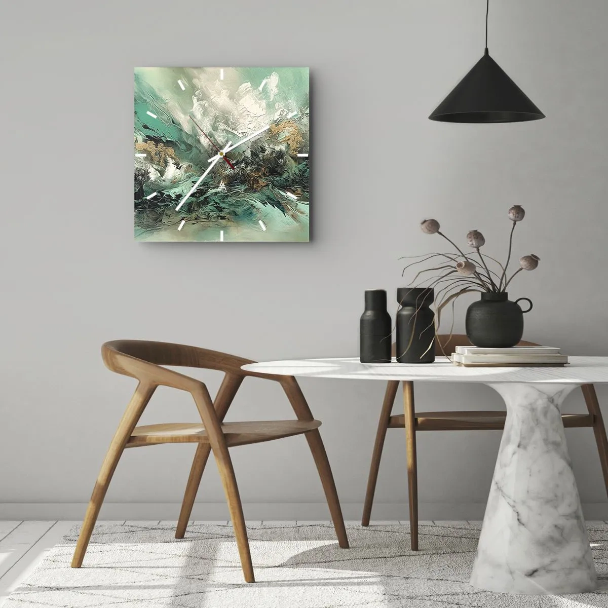 Horloge murale - Pendule murale - Paysage abstrait dans les tons de vert et d'or - 30x30cm - Ressac émeraude et noir - Décoration murale moderne pour le salon et la chambre ARTTOR