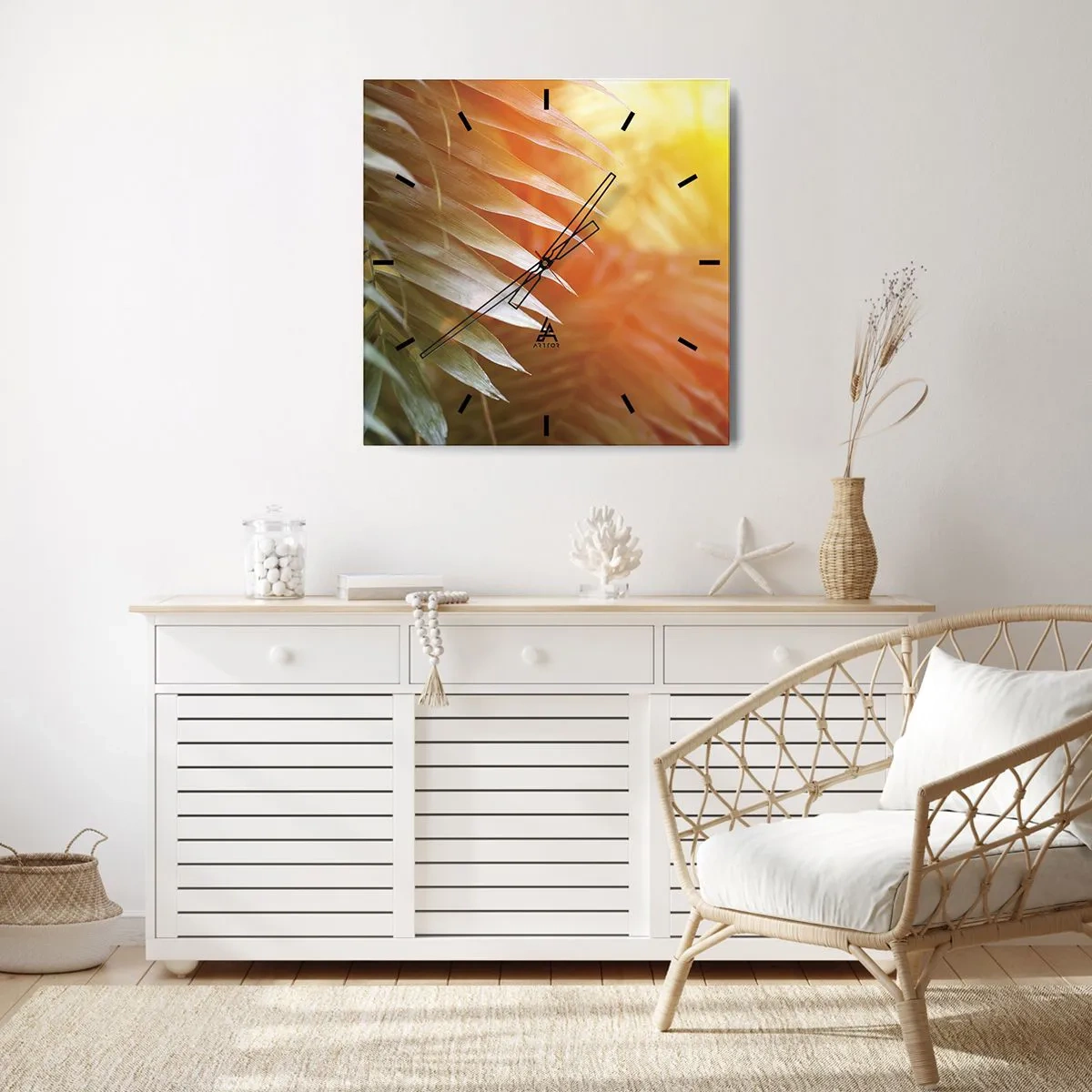 Horloge murale - Pendule murale - Feuilles de palmier dans les rayons du soleil couchant - 30x30cm - Matinée dans la jungle - Décoration murale moderne pour le salon et la chambre ARTTOR