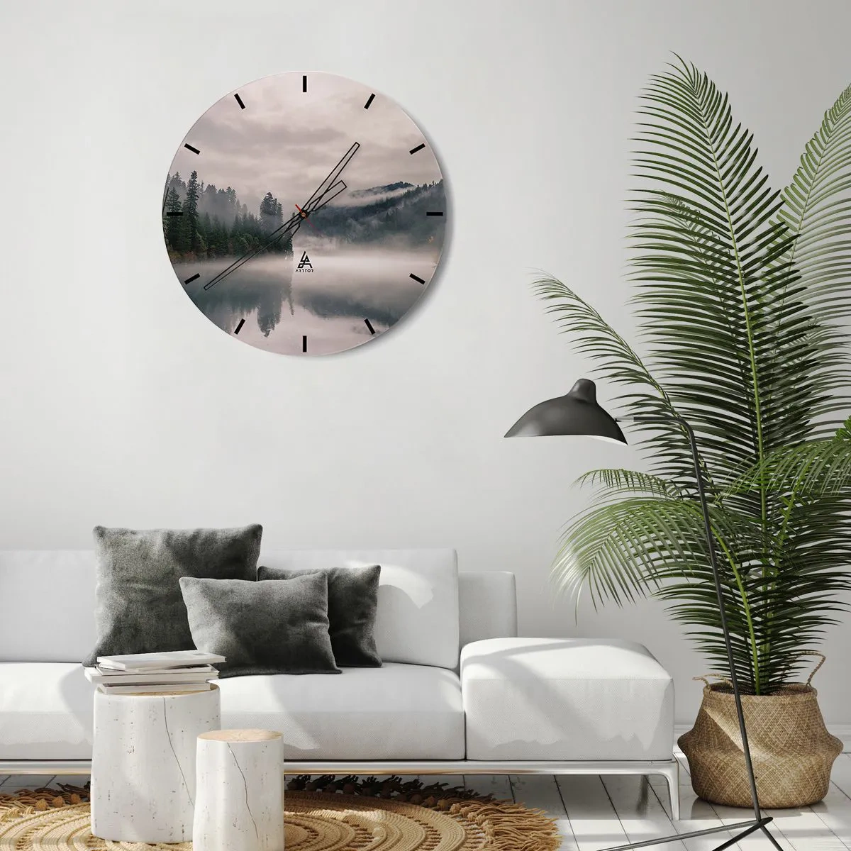 Horloge murale - Pendule murale - Forêt brumeuse sur un lac calme le matin - 30x30cm - Reflet dans le brouillard - Décoration murale moderne pour le salon, la cuisine et la chambre ARTTOR