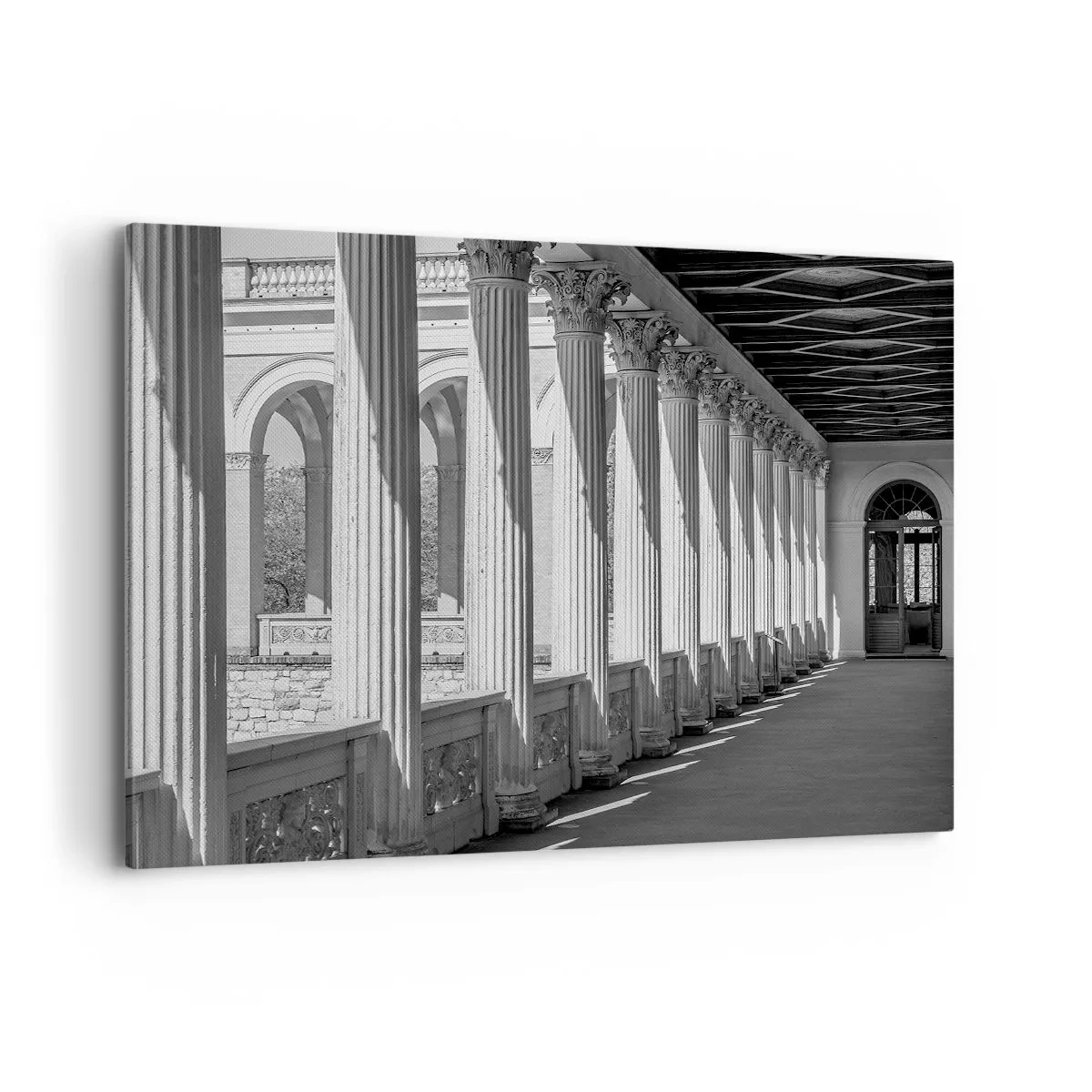 Impression sur toile - Image sur toile - Colonnade de style classique en noir et blanc - 100x70cm - Arcade ensoleillée - Décoration murale moderne pour le salon et la chambre ARTTOR