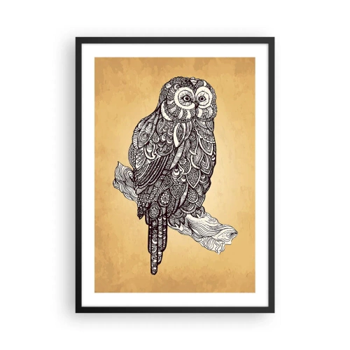 Affiche dans un cadre noir - Poster - Un hibou stylisé dans un motif ornemental sur fond beige. - 50x70cm - Ornements complexes de sagesse - Décoration murale moderne pour le salon et la chambre ARTTOR