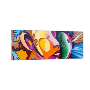 Impression sur verre - Image sur verre - Une abstraction colorée avec un motif de visage dans une composition dynamique - 140x50cm - Toucher avec la couleur - Décoration murale moderne pour le salon et la chambre ARTTOR