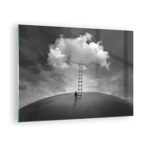 Impression sur verre - Image sur verre - Une personne regarde une échelle menant à un nuage. - 70x50cm - Tout est possible - Décoration murale moderne pour le salon et la chambre ARTTOR