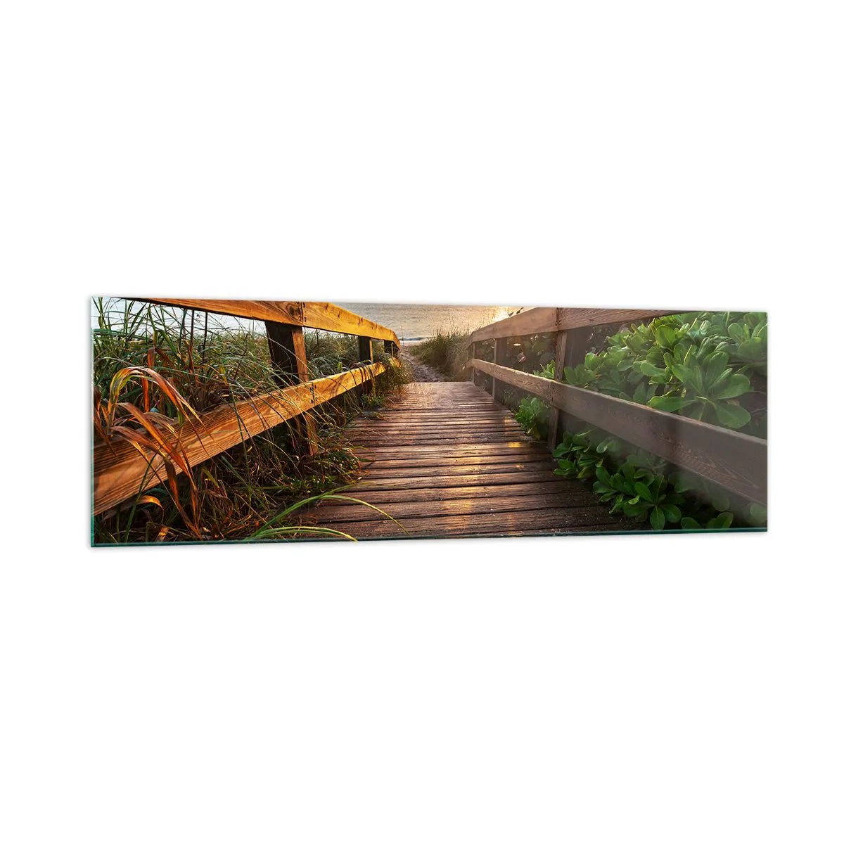 Impression sur verre - Image sur verre - Jetée en bois menant à la plage au coucher du soleil - 160x50cm - Tout droit vers le rivage - Décoration murale moderne pour le salon et la chambre ARTTOR
