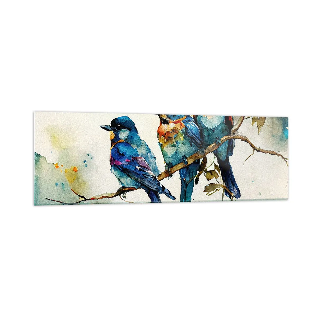 Impression sur verre - Image sur verre - Trois oiseaux colorés sur une branche dans un style aquarelle - 160x50cm - A-t-il été offensé ? - Décoration murale moderne pour le salon et la chambre ARTTOR