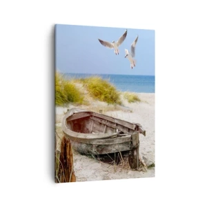 Impression sur toile - Image sur toile - Bateau abandonné sur une plage avec des mouettes - 50x70cm - Bain de vent - Décoration murale moderne pour le salon et la chambre ARTTOR