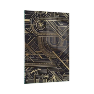 Impression sur verre - Image sur verre - Motifs géométriques dorés sur fond noir dans le style Art Déco - 70x100cm - Concept, idée, plan - Décoration murale moderne pour le salon et la chambre ARTTOR