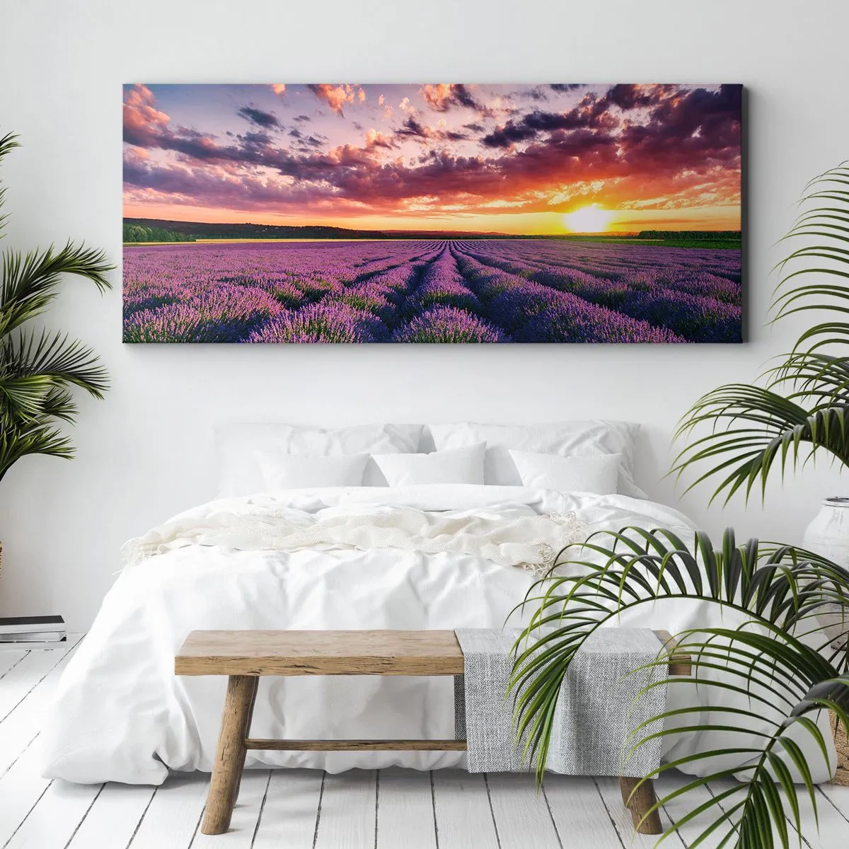 Impression sur toile - Image sur toile - Un champ de lavande au coucher du soleil avec un ciel coloré - 120x50cm - Monde de lavande - Décoration murale moderne pour le salon et la chambre ARTTOR