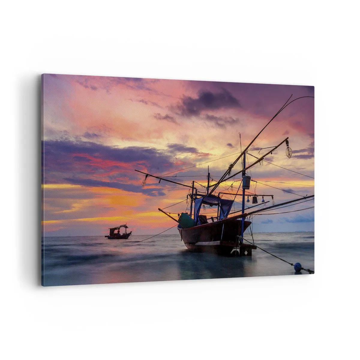 Impression sur toile - Image sur toile - Un bateau de pêche sur fond de coucher de soleil coloré - 100x70cm - Soirée exotique - Décoration murale moderne pour le salon et la chambre ARTTOR