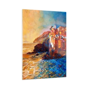Impression sur verre - Image sur verre - Une ville colorée sur une falaise surplombant la mer - 50x70cm - Climats italien - Décoration murale moderne pour le salon et la chambre ARTTOR