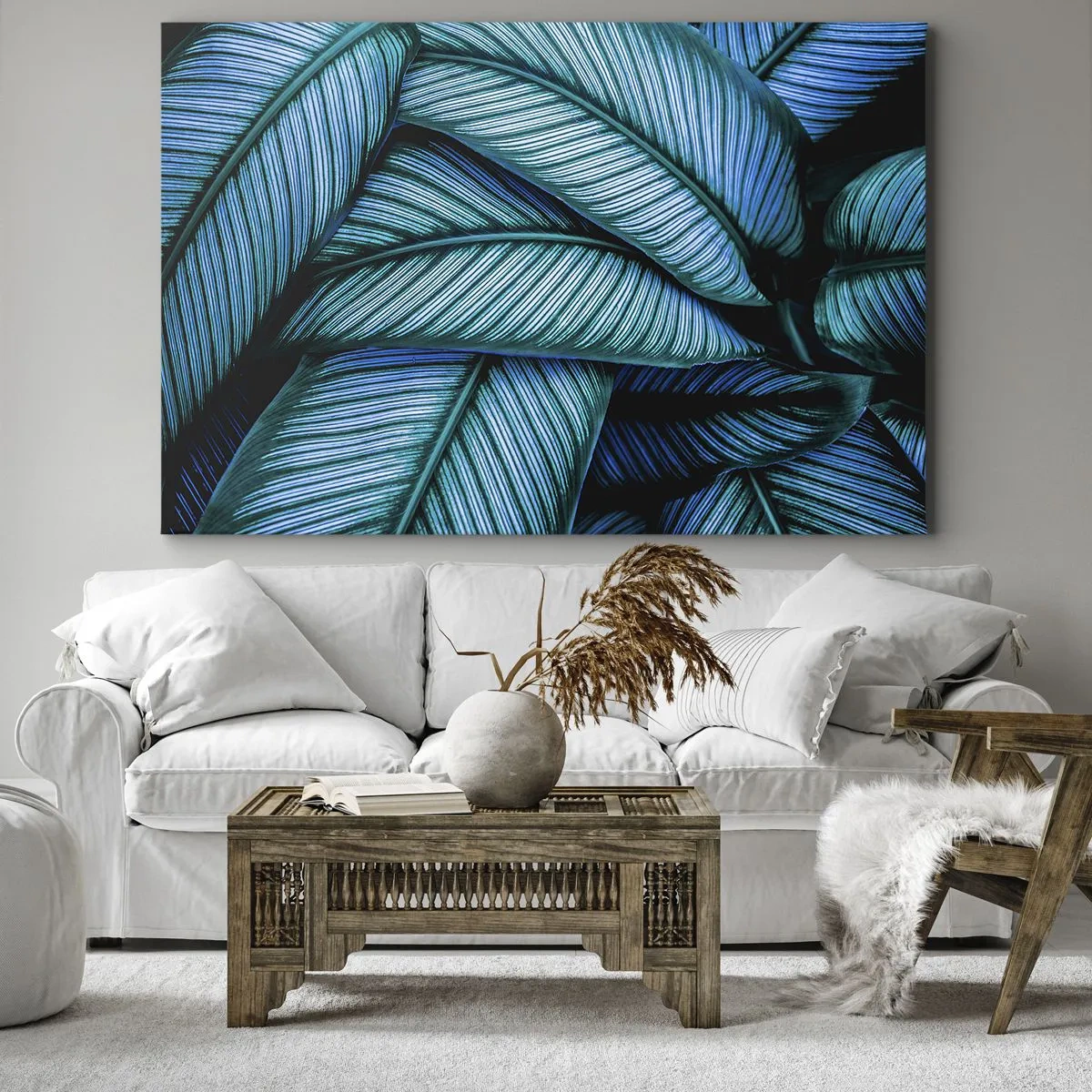 Impression sur toile - Image sur toile - Un gros plan de feuilles turquoise avec des détails vifs. - 100x70cm - Lignes de vie - Décoration murale moderne pour le salon et la chambre ARTTOR