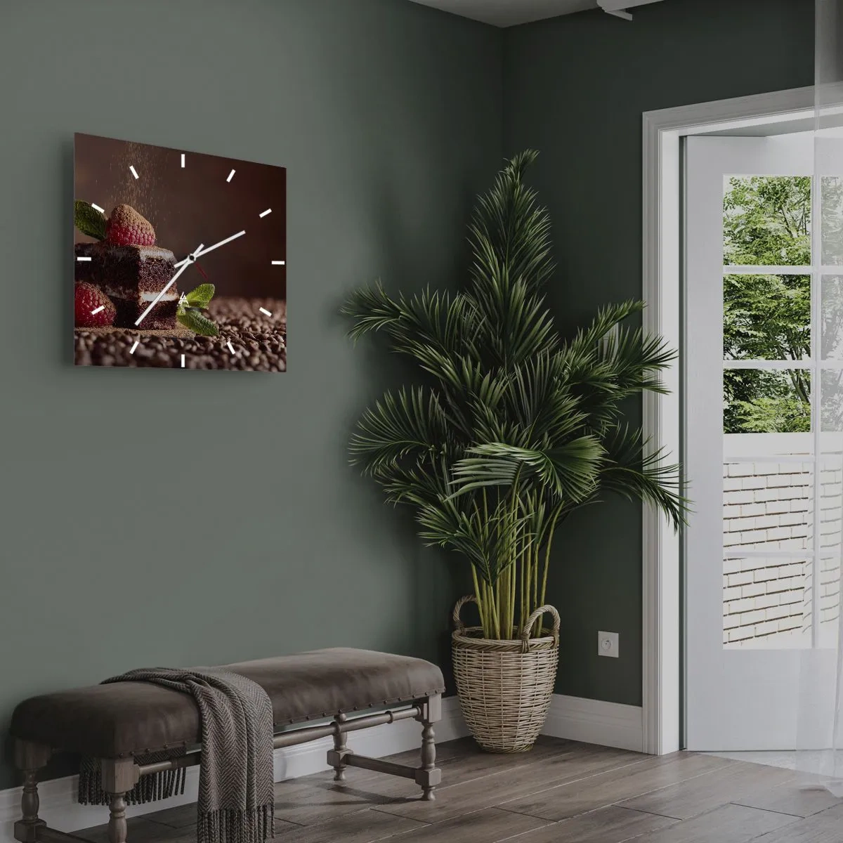 Horloge murale - Pendule murale - Gâteau au chocolat aux framboises et à la menthe sur fond de fèves de cacao - 30x30cm - La vie est douce - Décoration murale moderne pour le salon et la chambre ARTTOR