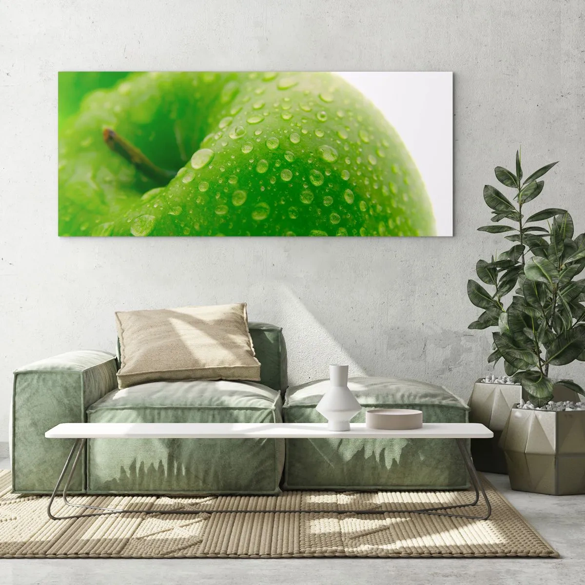 Impression sur verre - Image sur verre - Gros plan d'une pomme verte avec des gouttes d'eau - 140x50cm - Fraîcheur de verdure fraîche - Décoration murale moderne pour le salon et la chambre ARTTOR
