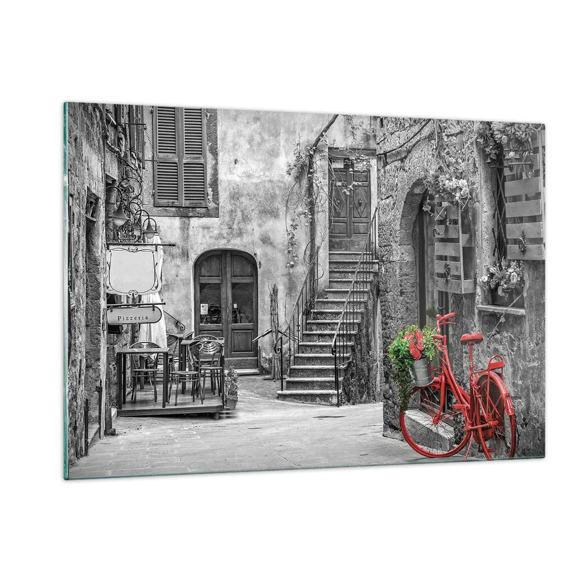 Impression sur verre - Image sur verre - Rue en noir et blanc avec un vélo rouge - 120x80cm - Ruelle toscane - Décoration murale moderne pour le salon et la chambre ARTTOR