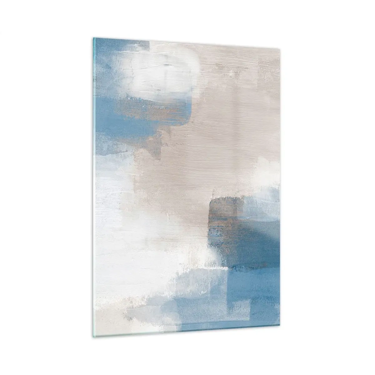 Impression sur verre - Image sur verre - Abstraction beige et bleue aux couleurs pastel - 50x70cm - Abstraction rose derrière un rideau de bleu - Décoration murale moderne pour le salon et la chambre ARTTOR