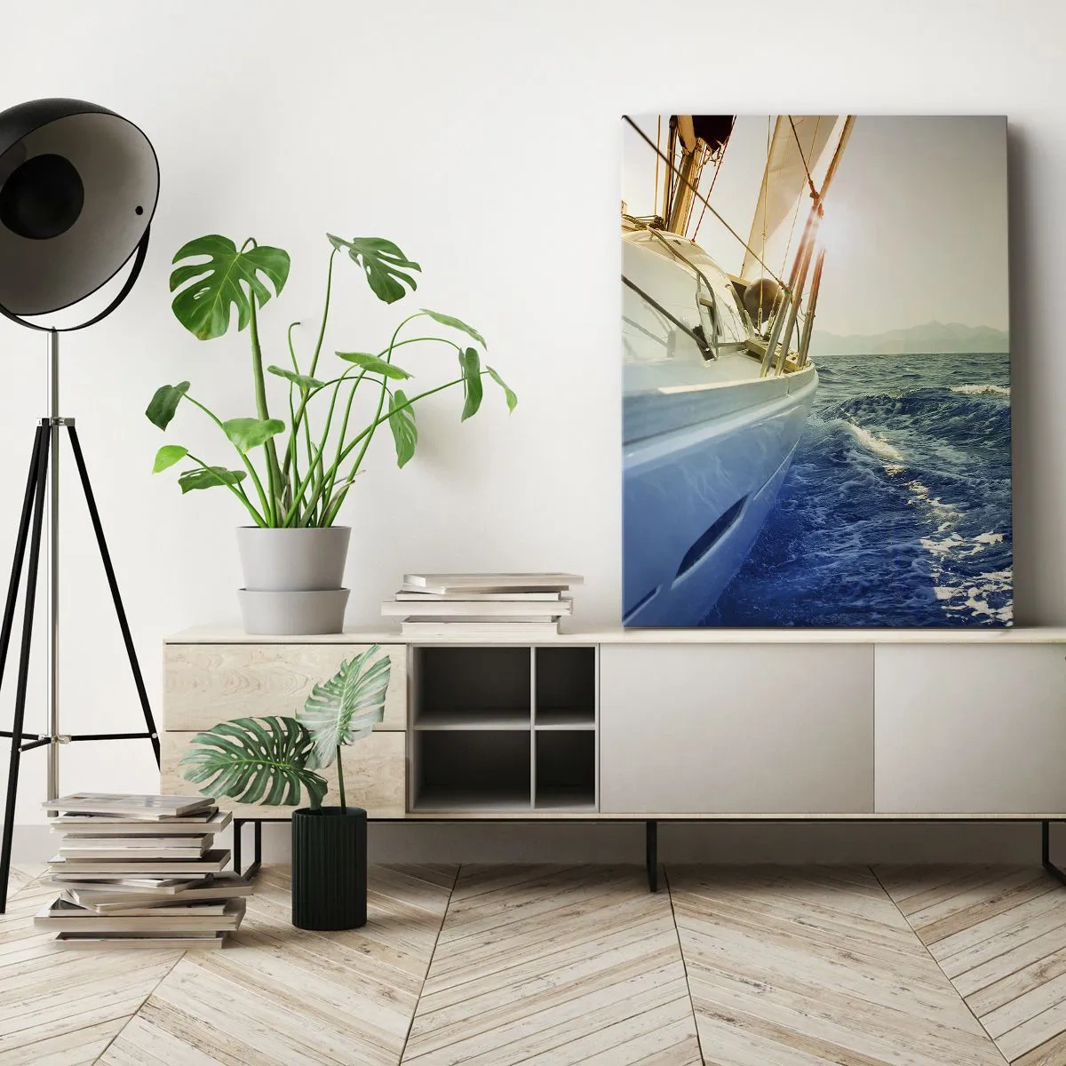 Impression sur toile - Image sur toile - Un yacht en pleine mer avec vue sur les vagues - 80x120cm - Suite à l'aventure - Décoration murale moderne pour le salon et la chambre ARTTOR