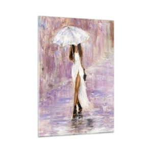 Impression sur verre - Image sur verre - Figure d'une femme avec un parapluie dans une scène de pluie lilas - 50x70cm - Sous la pluie lilas - Décoration murale moderne pour le salon et la chambre ARTTOR