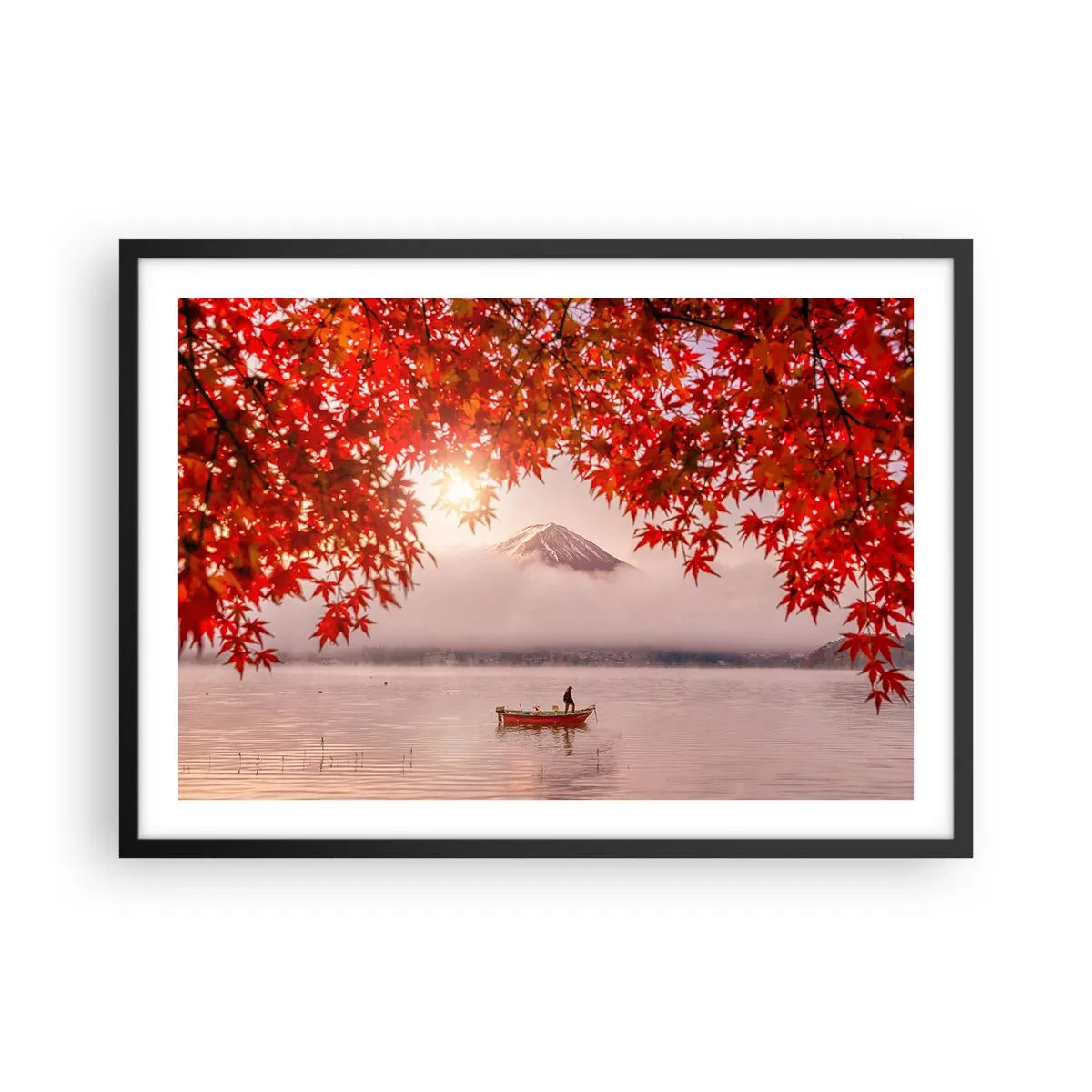 Affiche dans un cadre noir - Poster - Un bateau sur un lac entouré de feuilles d'érable rouges - 70x50cm - Dans le climat japonais - Décoration murale moderne pour le salon et la chambre ARTTOR