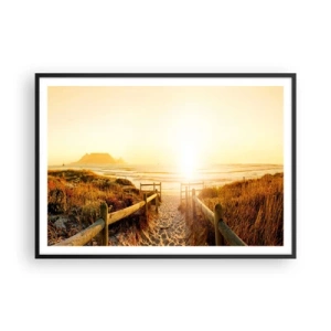 Affiche dans un cadre noir - Poster - Chemin vers la plage pendant un coucher de soleil doré - 100x70cm - A travers la dune, vers le soleil - Décoration murale moderne pour le salon et la chambre ARTTOR