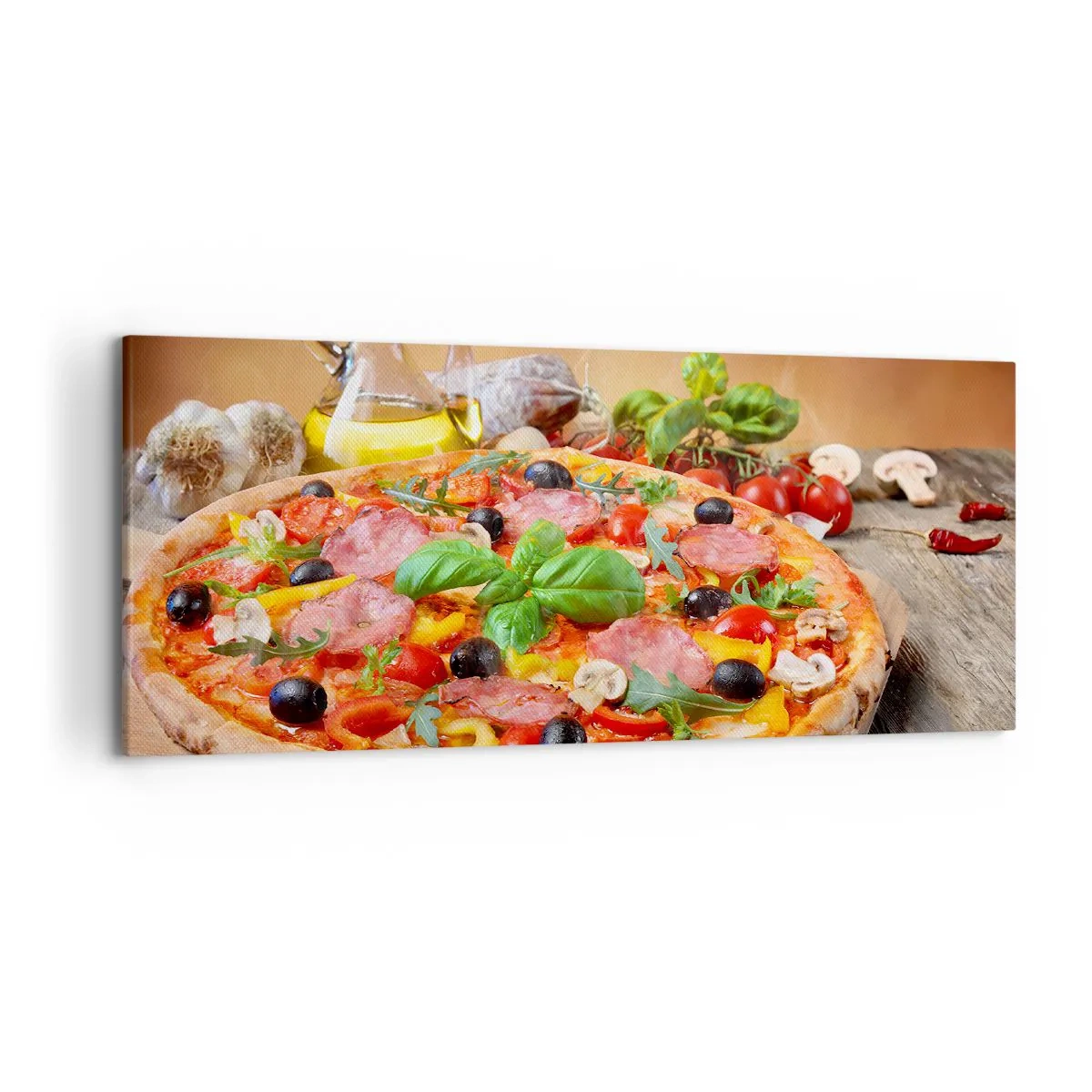 Impression sur toile - Image sur toile - Pizza appétissante sur une table en bois avec garnitures - 120x50cm - Avec une vraie saveur italienne - Décoration murale moderne pour le salon et la chambre ARTTOR