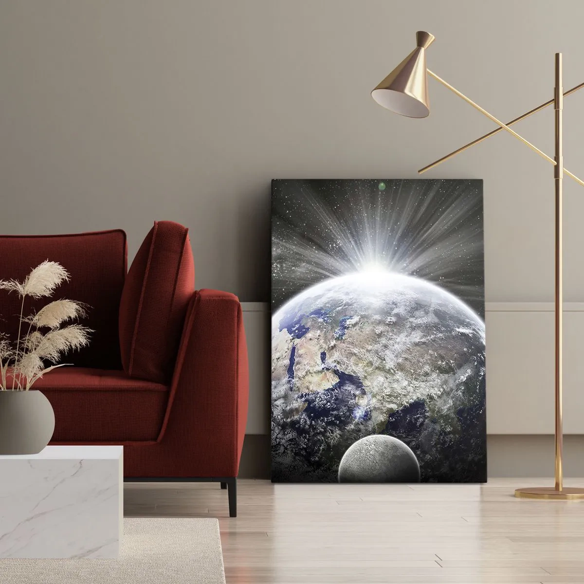 Impression sur toile - Image sur toile - La Terre et la Lune illuminées par la lueur de l'espace - 70x100cm - En pleine splendeur - Décoration murale moderne pour le salon et la chambre ARTTOR