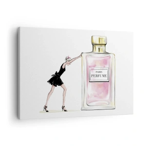 Impression sur toile - Image sur toile - Une femme en robe noire à côté d'un flacon de parfum - 70x50cm - L'essence des femmes - Décoration murale moderne pour le salon et la chambre ARTTOR