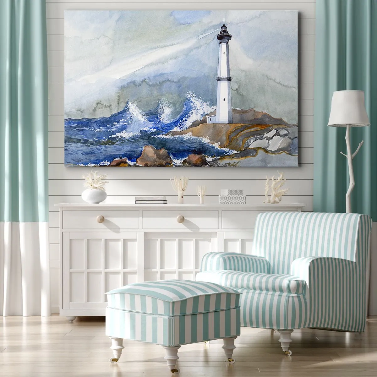 Impression sur toile - Image sur toile - Un phare sur un rivage rocheux avec une mer agitée - 120x80cm - Contre l'obscurité et la tempête - Décoration murale moderne pour le salon et la chambre ARTTOR