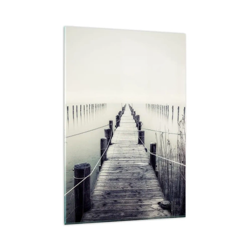 Impression sur verre - Image sur verre - Un pont en bois menant à un espace brumeux - 80x120cm - Plongez dans la paix - Décoration murale moderne pour le salon et la chambre ARTTOR