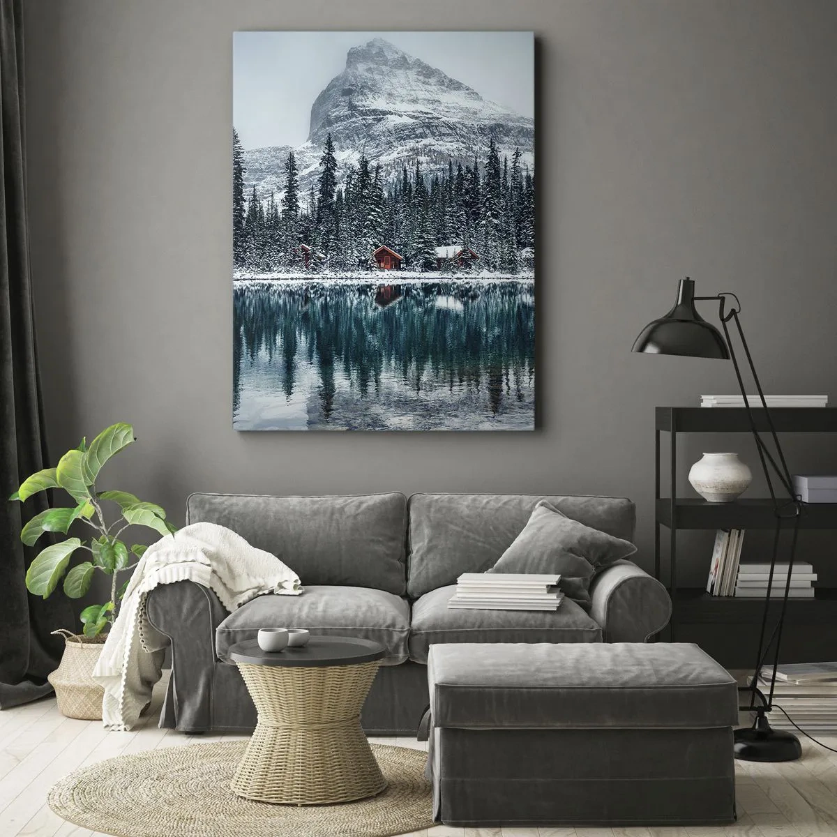 Impression sur toile - Image sur toile - Paysage d'hiver avec des chalets dans la forêt au bord d'un lac gelé - 80x120cm - Retraite canadienne - Décoration murale moderne pour le salon et la chambre ARTTOR