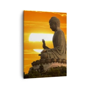 Impression sur toile - Image sur toile - Une statue bouddhiste sur fond de coucher de soleil orange - 50x70cm - Aucune peur du monde - Décoration murale moderne pour le salon et la chambre ARTTOR