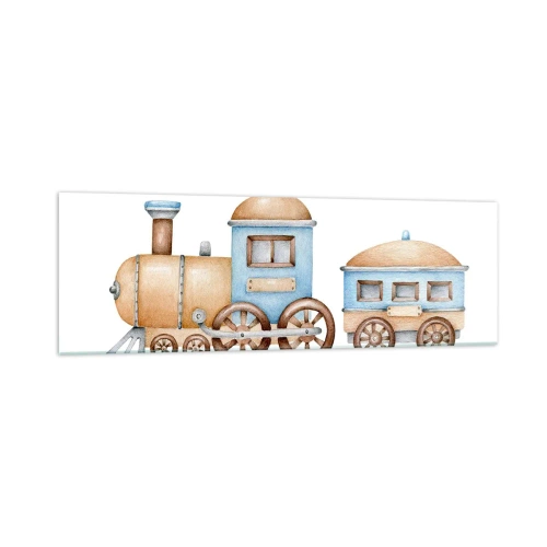 Impression sur verre - Image sur verre - Dessin d'un train aux tons pastel sur fond blanc - 160x50cm - Il est à la gare... - Décoration murale moderne pour le salon et la chambre ARTTOR