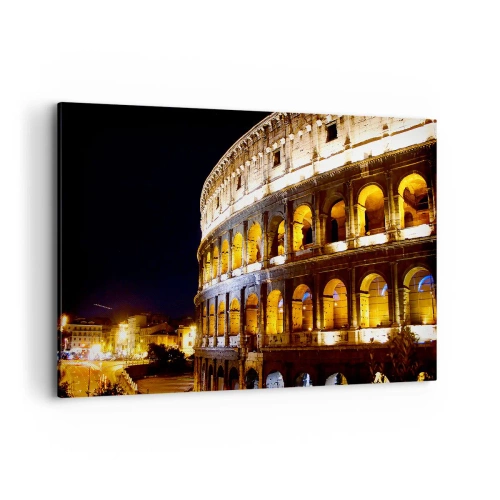 Impression sur toile - Image sur toile - Le Colisée illuminé par les lumières la nuit à Rome - 120x80cm - Il est temps de commencer les Jeux - Décoration murale moderne pour le salon et la chambre ARTTOR