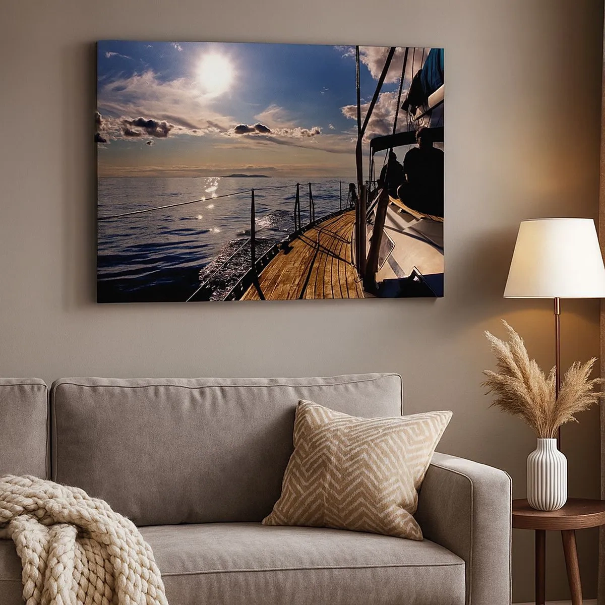 Impression sur toile - Image sur toile - Une croisière en yacht sur la mer au coucher du soleil - 70x50cm - Naviguer vers le soleil - Décoration murale moderne pour le salon et la chambre ARTTOR