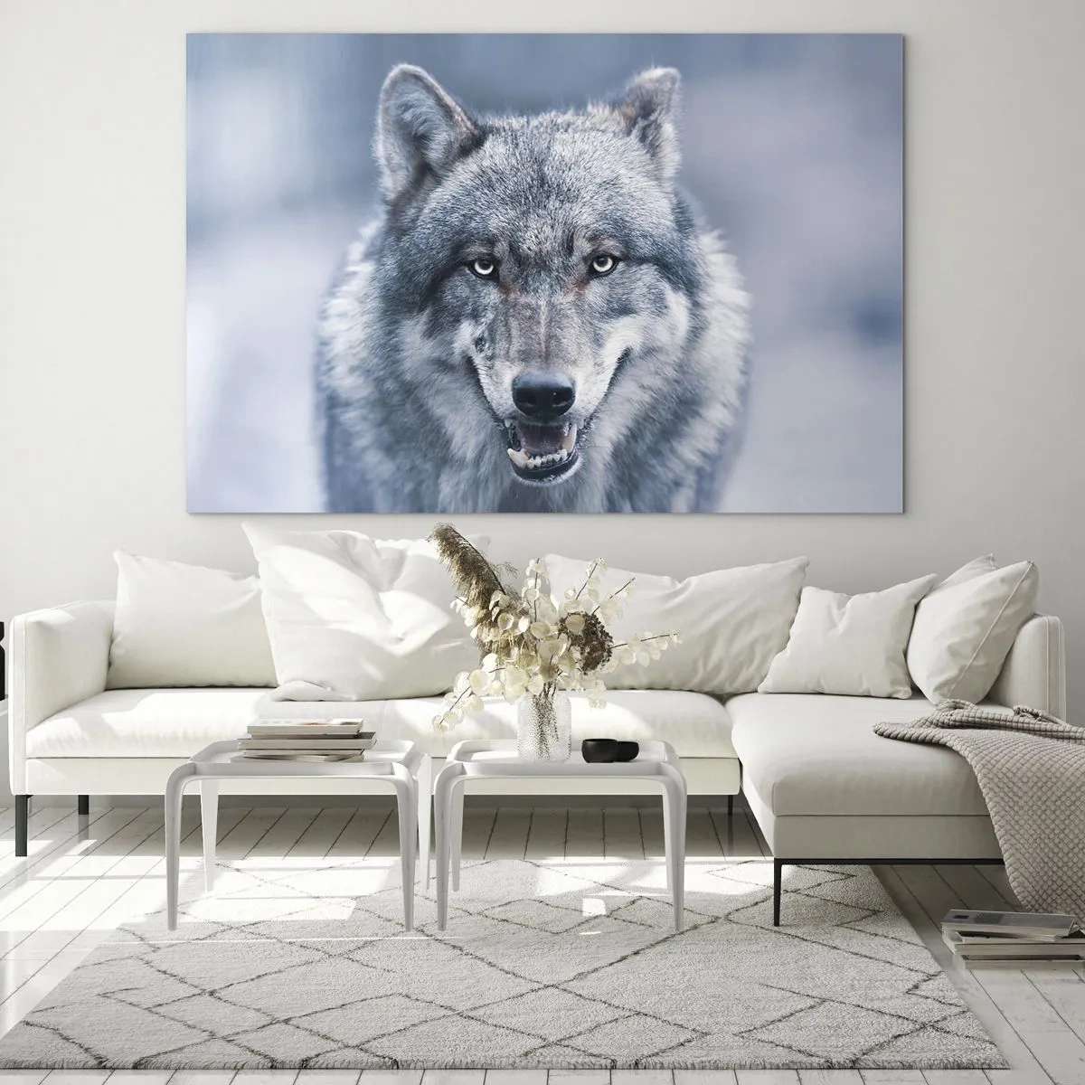Impression sur verre - Image sur verre - Un loup au regard perçant sur fond de forêt enneigée - 100x70cm - Relèverez-vous le défi ? - Décoration murale moderne pour le salon et la chambre ARTTOR