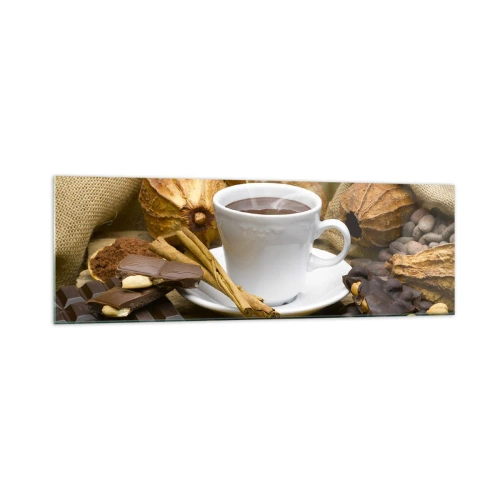 Impression sur verre - Image sur verre - Une tasse de chocolat chaud entourée de cacao et de cannelle - 160x50cm - Pour les amateurs de sensations fortes - Décoration murale moderne pour le salon et la chambre ARTTOR