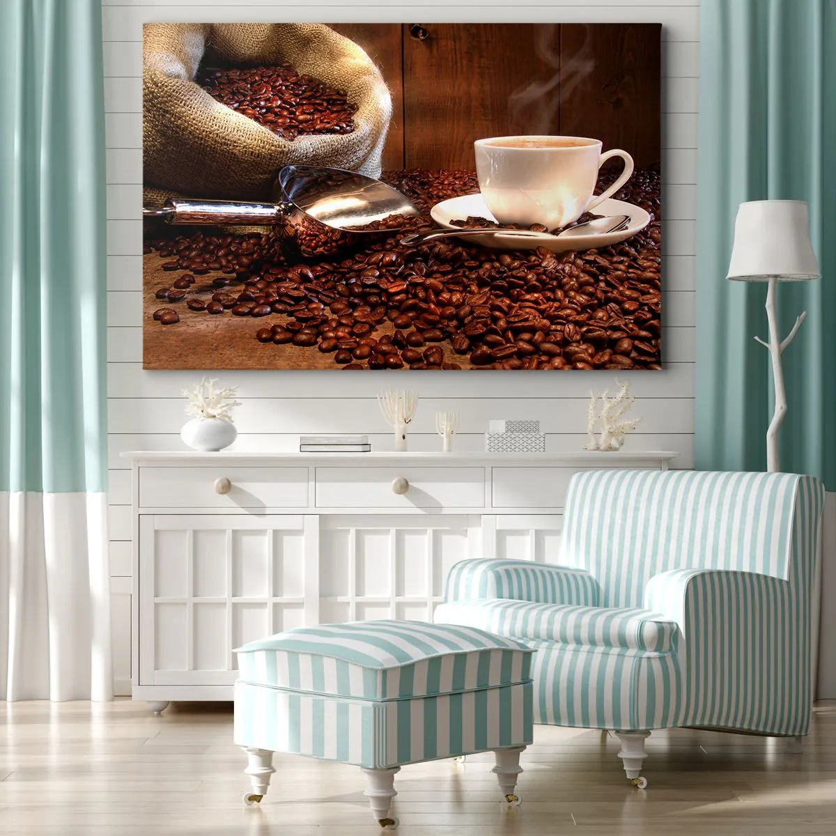 Impression sur toile - Image sur toile - Une tasse de café avec des grains de café et un sac de céréales en arrière-plan - 120x80cm - Sentez-vous cette odeur? - Décoration murale moderne pour le salon et la chambre ARTTOR