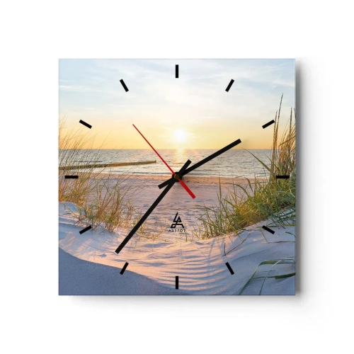 Horloge murale - Pendule murale - Une plage de sable avec vue sur le coucher de soleil sur la mer - 30x30cm - Le bruit de la mer, le chant des oiseaux, une plage sauvage parmi les herbes… - Décoration murale moderne pour le salon et la chambre ARTTOR