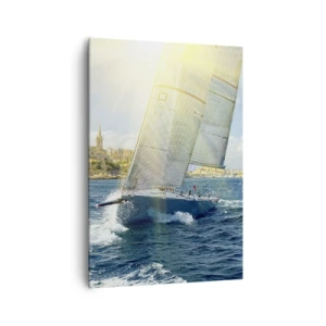 Impression sur toile - Image sur toile - Course de yachts sur fond de côte ensoleillée - 70x100cm - Il est temps de quitter la ville - Décoration murale moderne pour le salon et la chambre ARTTOR