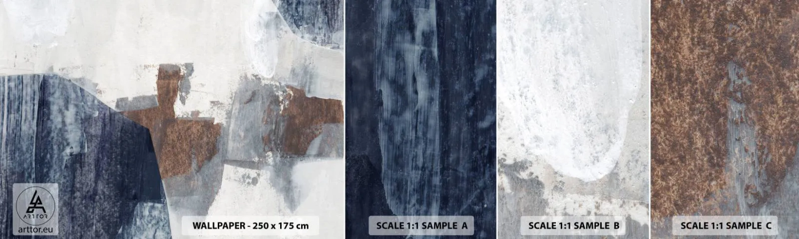 Échantillon de Papier Peint Autocollant Deluxe Sticker - Formes bleues et brunes - Morceau, Abstraction, Minimalisme - 100x30 cm