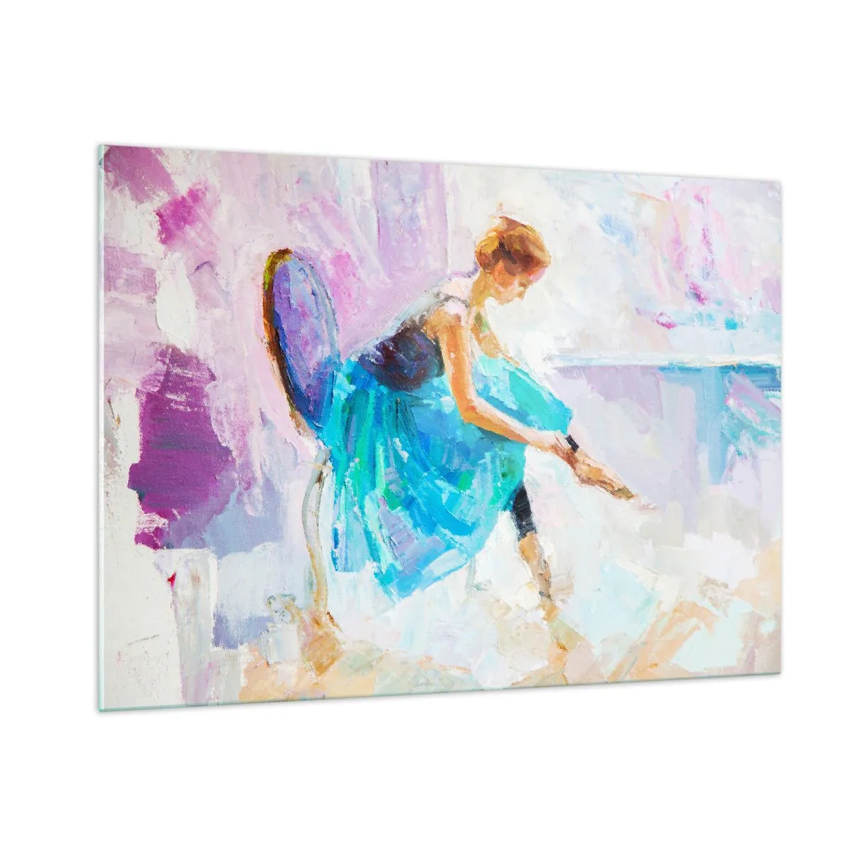 Impression sur verre - Image sur verre - Une ballerine en robe bleue sur fond impressionniste - 100x70cm - Grâce ineffable, charme subtil - Décoration murale moderne pour le salon et la chambre ARTTOR