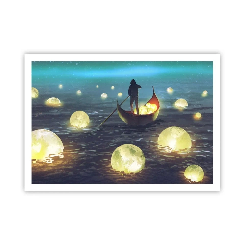 Affiche - Poster - Une silhouette dans un bateau entourée de boules lumineuses sur l'eau - 100x70cm - Des choses dont les philosophes n'ont jamais rêvé - Décoration murale moderne pour le salon et la chambre ARTTOR