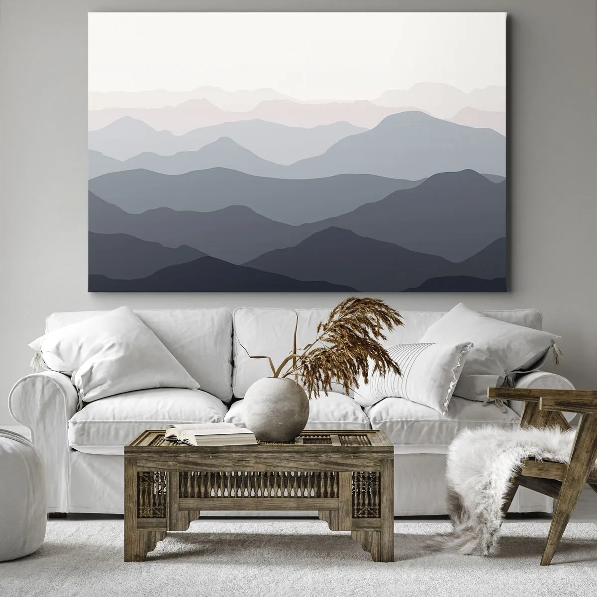 Impression sur toile - Image sur toile - Subtiles couches de montagne dans des tons de gris et de bleu - 100x70cm - Vagues de montagnes - Décoration murale moderne pour le salon et la chambre ARTTOR