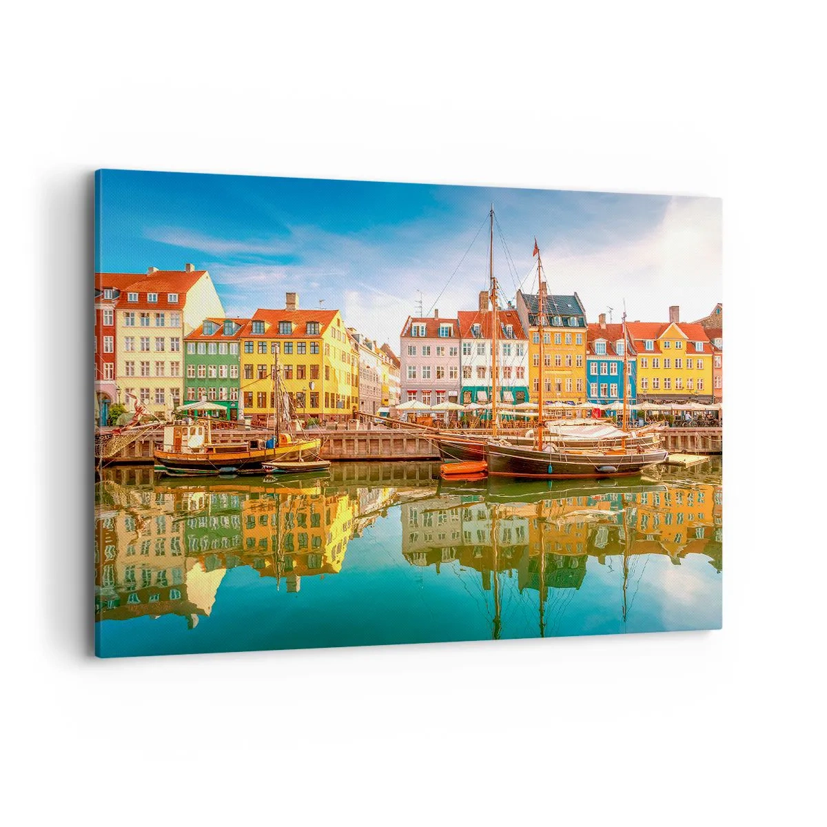 Impression sur toile - Image sur toile - Maisons colorées au bord des canaux de Copenhague - 100x70cm - Aussi lisse qu'un miroir au-dessus de l'eau - Décoration murale moderne pour le salon et la chambre ARTTOR