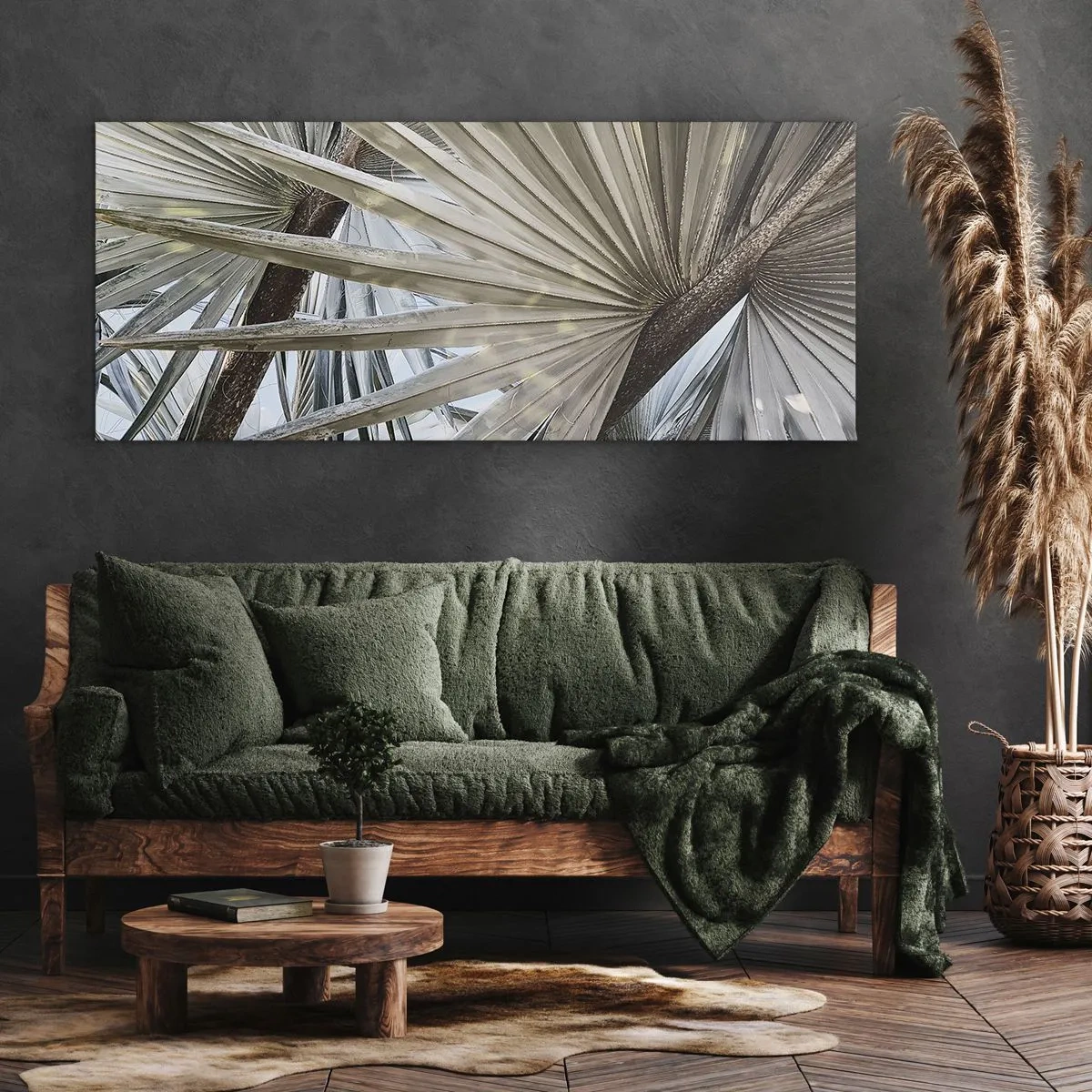 Impression sur toile - Image sur toile - Gros plan de feuilles de palmier dans des tons naturels de vert - 120x50cm - Evantail sous les tropiques - Décoration murale moderne pour le salon et la chambre ARTTOR