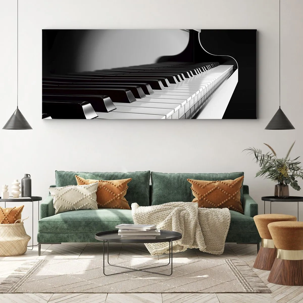 Impression sur toile - Image sur toile - Touches de piano dans une élégante photo en noir et blanc - 160x50cm - Harmonie des formes et des couleurs - Décoration murale moderne pour le salon et la chambre ARTTOR