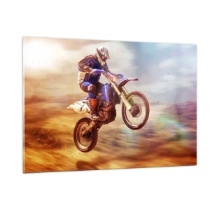 Impression sur verre - Image sur verre - Un motocycliste survolant un terrain sablonneux - 120x80cm - Vertiges à moto - Décoration murale moderne pour le salon et la chambre ARTTOR