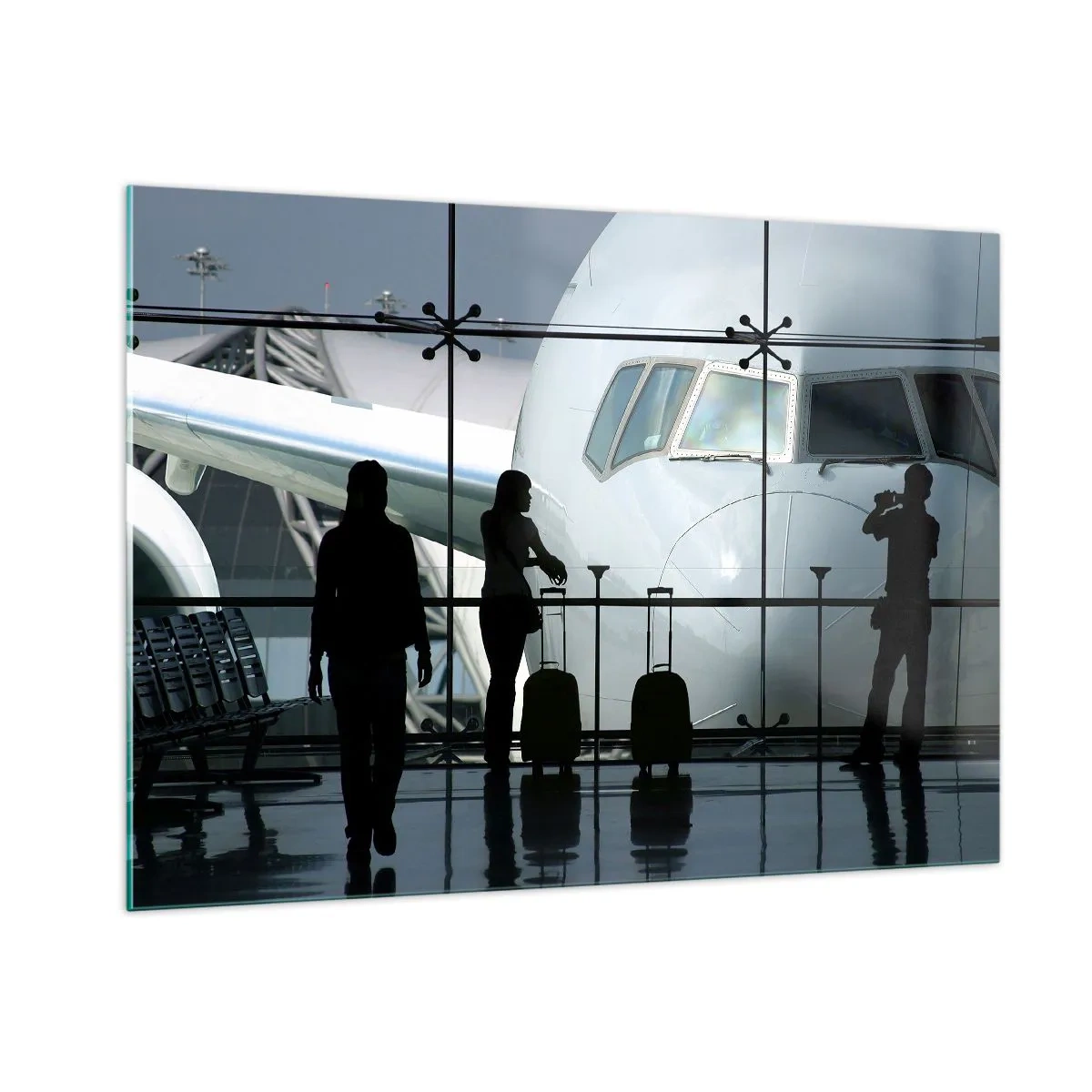 Impression sur verre - Image sur verre - Aéroport avec vue sur l'avion et silhouettes de voyageurs - 100x70cm - Vis-à-vis de l'aéroport - Décoration murale moderne pour le salon et la chambre ARTTOR