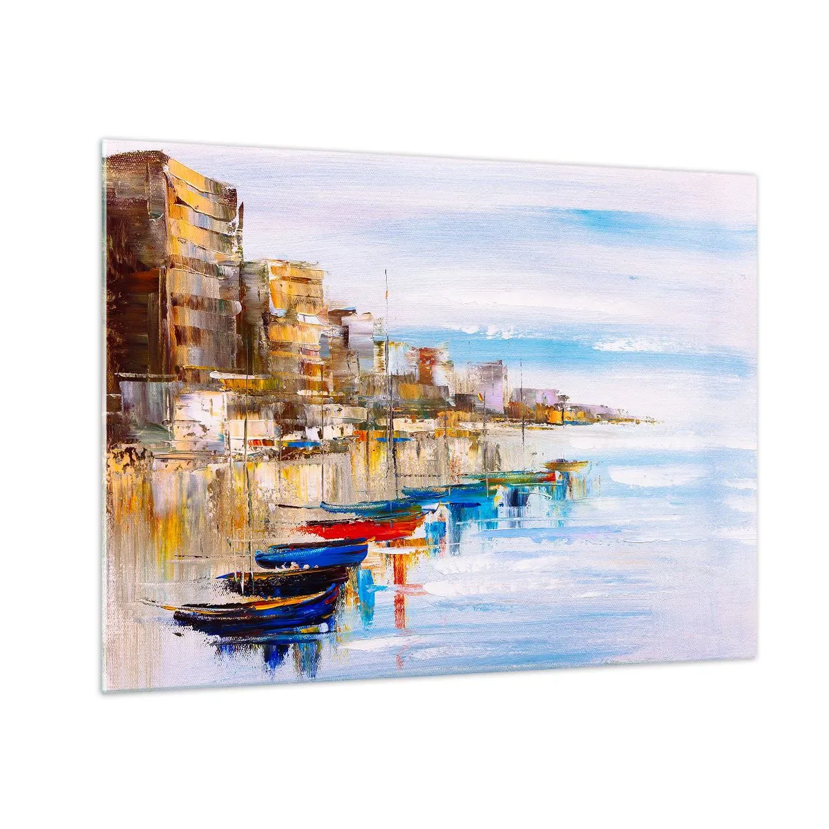 Impression sur verre - Image sur verre - Bateaux colorés amarrés au quai de la ville - 70x50cm - Un havre urbain multicolore - Décoration murale moderne pour le salon et la chambre ARTTOR